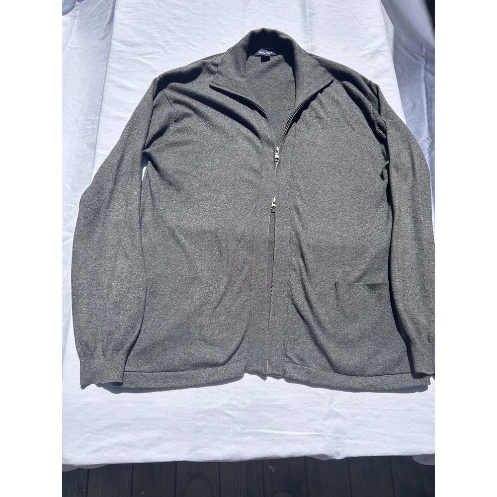 NAUTICA Men's Large Gray Cashmere Blend Full Zip Sweater jacket Two-way Zipper‎